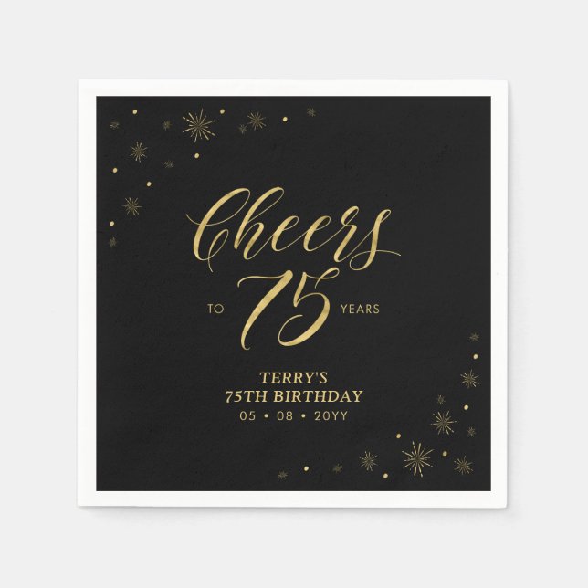 Gold & Black | Modern Cheers 75th Birthday Party Napkin (Front)