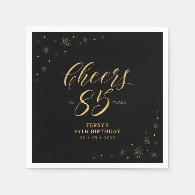 Gold & Black | Modern Cheers 85th Birthday Party Napkin (Front)