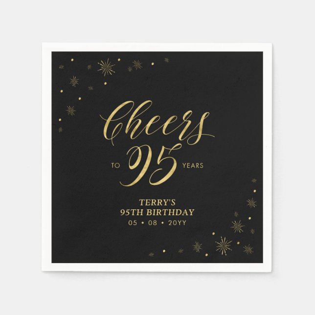 Gold & Black | Modern Cheers 95th Birthday Party Napkin (Front)