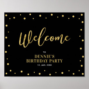 Gold & Black Modern Confetti Welcome Party Sign
