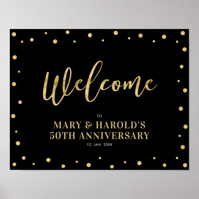 Gold & Black | Modern Confetti Welcome Party Sign (Front)