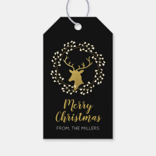 Gold & Black Modern Deer Merry Christmas Gift Tag