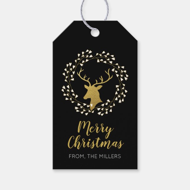 Gold & Black Modern Deer Merry Christmas Gift Tag (Front)