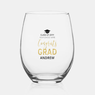 Gold & Black Modern Graduation Gift Custom Name Stemless Wine Glass
