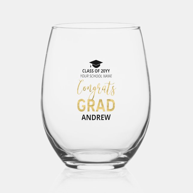  Gold & Black | Modern Graduation Gift Custom Name Stemless Wine Glass (Front)