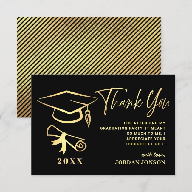 Gold Black Modern Graduation Party Thank You Card (Front/Back)