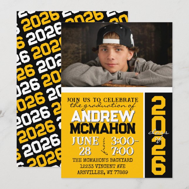 Gold & Black Modern Graduation Photo Invitation (Front/Back)