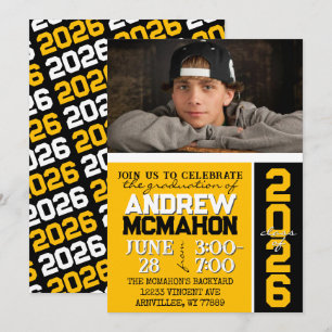 Gold & Black Modern Graduation Photo Invitation