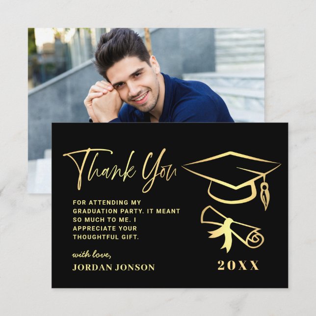 Gold Black Modern Graduation PHOTO Thank You Card (Front/Back)
