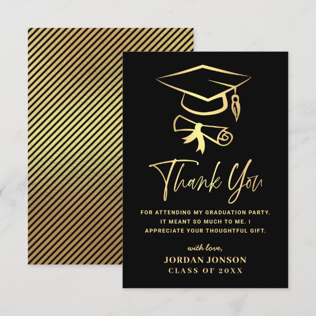 Gold Black Modern Graduation Thank You Card (Front/Back)