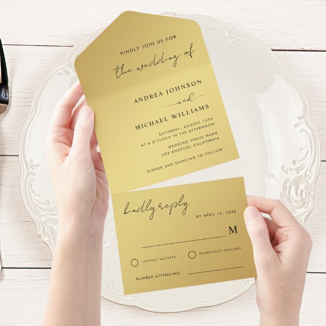 Gold & Black Modern Handwritten Script Wedding All In One Invitation (Creator Uploaded)