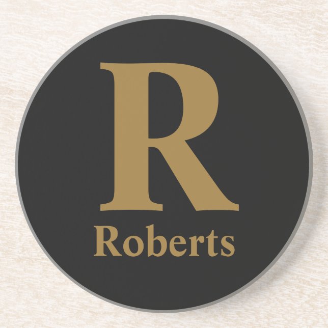 Gold/ Black Modern Minimal Monogram Name Coaster (Front)