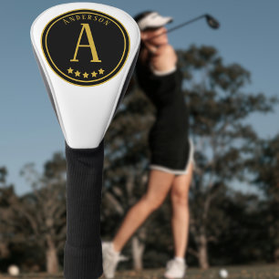 Gold Black Modern Monogram stars custom name white Golf Head Cover