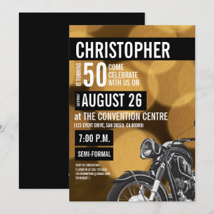 Gold black Modern Motorcycle theme 50th birthday Invitation