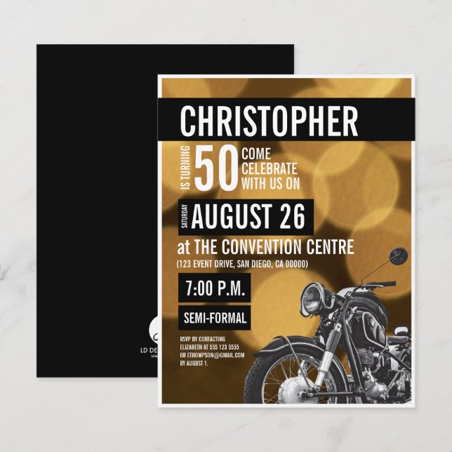 Gold black Modern Motorcycle theme 50th birthday Invitation (Front/Back)