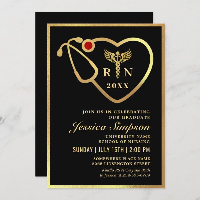 Gold Black Modern Nursing School Graduation Party  Invitation (Front/Back)