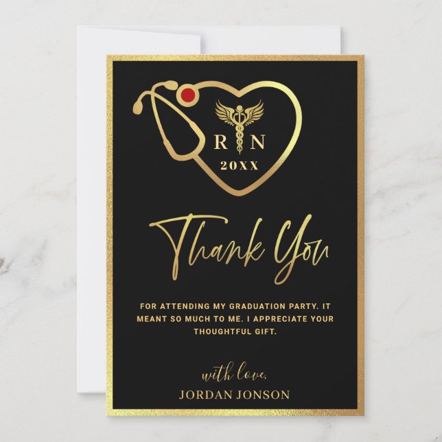 Gold Black Modern Nursing School Graduation Thank You Card (Front)