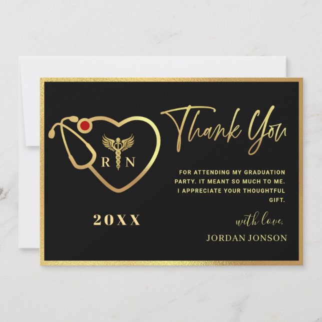 Gold Black Modern Nursing School Graduation Thank You Card (Front)