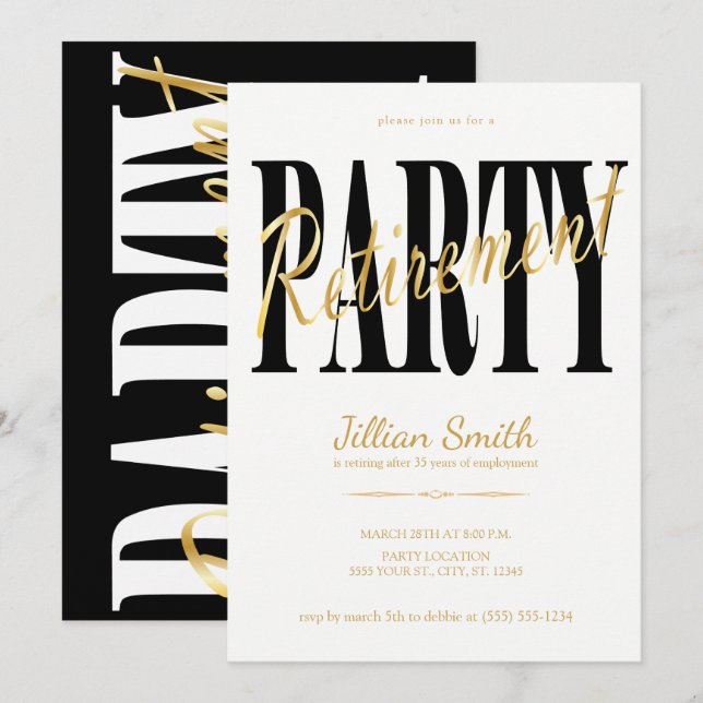 Gold & Black, Modern Retirement Party Invitations (Front/Back)