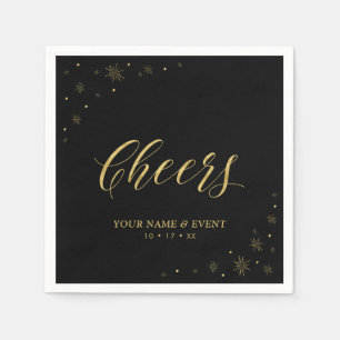 Gold & Black Modern Sparkle Cheers Custom Party Napkin