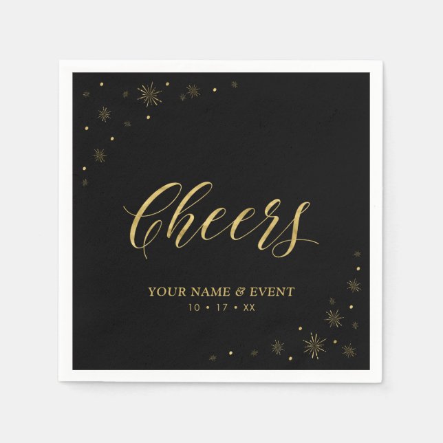 Gold & Black | Modern Sparkle Cheers Custom Party Napkin (Front)
