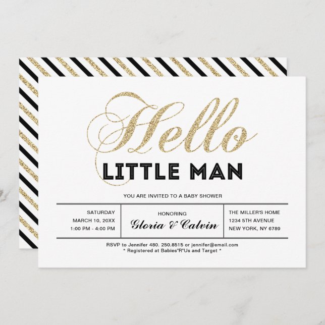 Gold, Black | Modern Typography Boy Baby Shower Invitation (Front/Back)