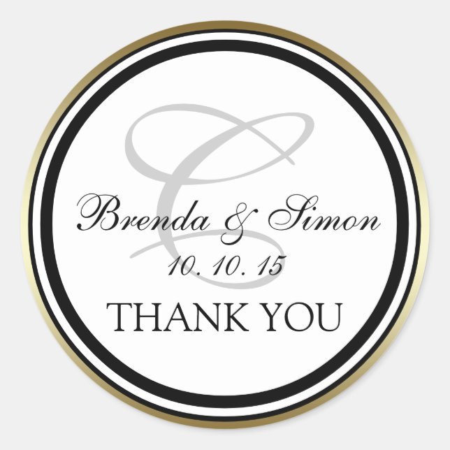 Gold Black Monogram C Wedding Thank You Classic Round Sticker (Front)
