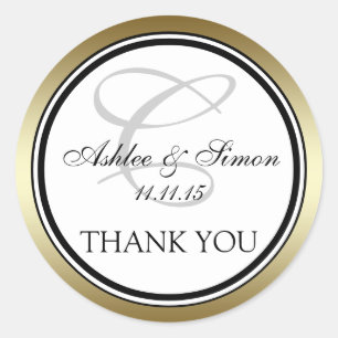 Gold Black Monogram C Wedding Thank You Classic Round Sticker
