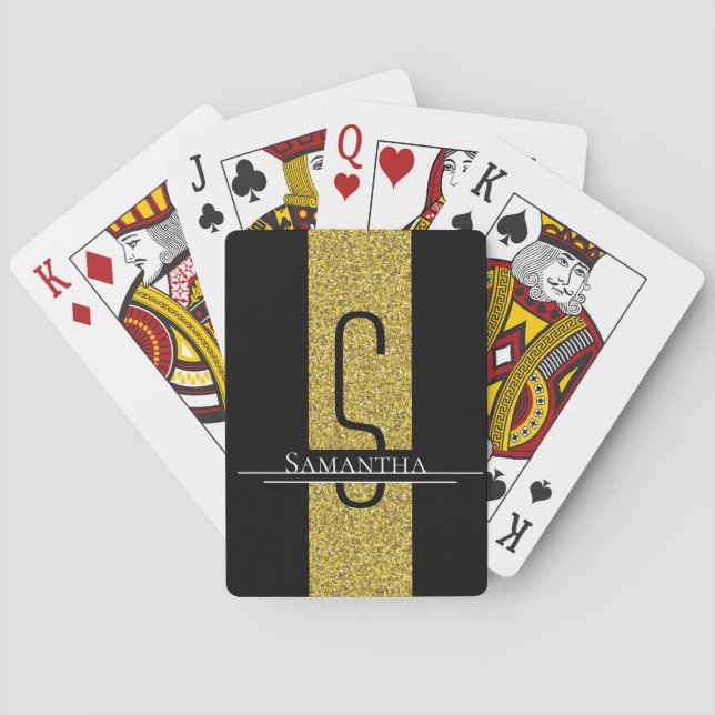Gold Black Monogram Glitter Playing Cards (Back)