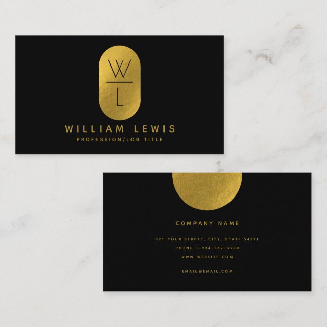 Gold & Black Monogram Modern Minimalist  Business Card (Front/Back)