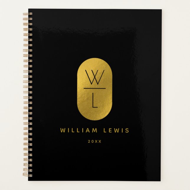 Gold & Black Monogram Modern Minimalist Planner (Front)