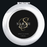 Gold Black Monogram Personalised Bridesmaid Gift Compact Mirror<br><div class="desc">This cute personalised bridesmaid gift mirror features personalised bridesmaid's name,  calligraphy monogram in golden colour,  bride and groom's names (or any custom text),  and the wedding date. You can change the background and fonts colours easily if you like.</div>