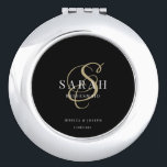 Gold Black Monogram Personalised Bridesmaid Gift Compact Mirror<br><div class="desc">This cute personalised bridesmaid gift mirror features personalised bridesmaid's name,  calligraphy monogram in golden colour,  bride and groom's names (or any custom text),  and the wedding date. You can change the background and fonts colours easily if you like.</div>