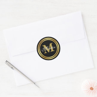 Gold Black Monogrammed Classic Round Sticker