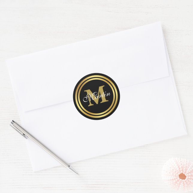 Gold Black Monogrammed Classic Round Sticker (Envelope)