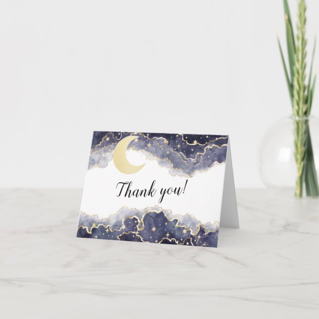 Gold black moon night baby shower  thank you card (Front)