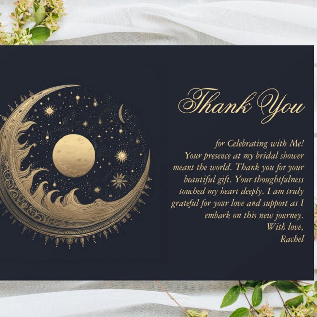 Gold & Black Moon & Stars Celestial Bridal Shower Thank You Card (Creator Uploaded)