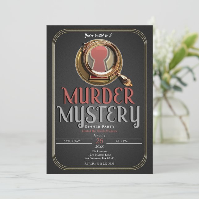 Gold & Black Murder Mystery Game Birthday Party Invitation (Standing Front)