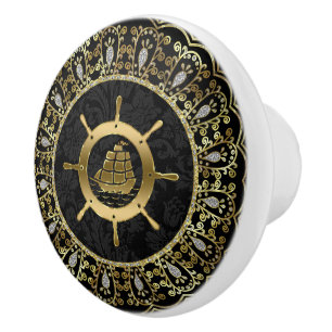 Gold & Black Nautical Boat & Ornate Frame Ceramic Knob