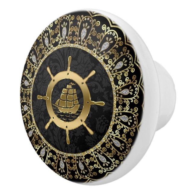Gold & Black Nautical Boat & Ornate Frame Ceramic Knob (Right)