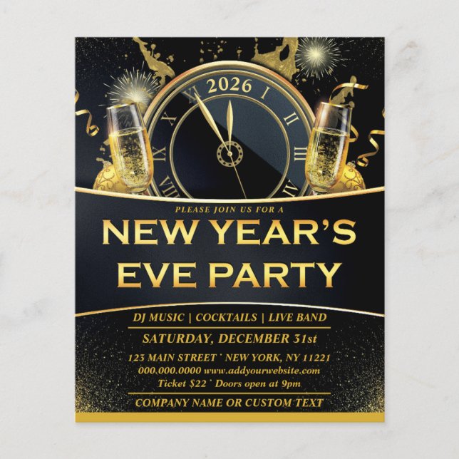 Gold Black New Years Eve Party Invitation Flyer (Front)