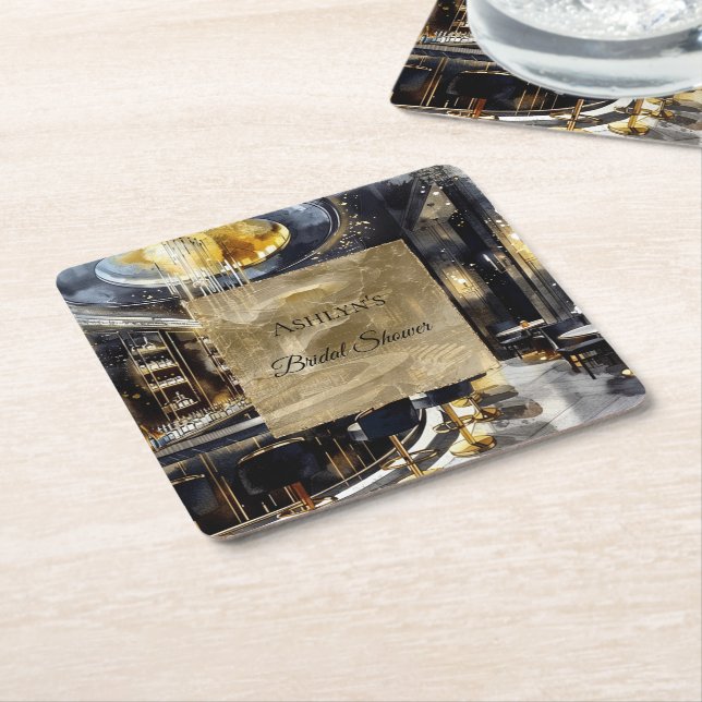 Gold black Night Club Party Bridal Shower  Square Paper Coaster (Angled)
