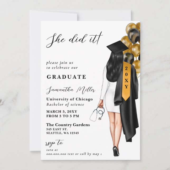 Gold Black Nurse Photo She Did It Graduation Invitation (Front)