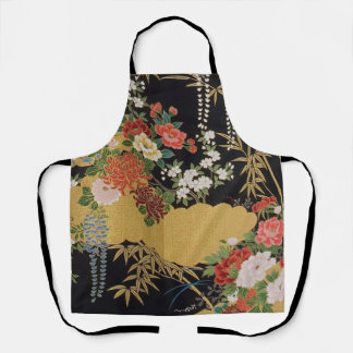 Gold Black Oriental Japanese Kimono Floral Kitchen Apron