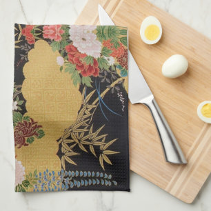 Gold Black Oriental Japanese Kimono Floral Kitchen Tea Towel