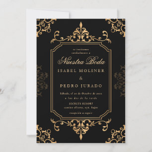 Gold & Black Ornament Vintage Nuestra Boda Wedding Invitation