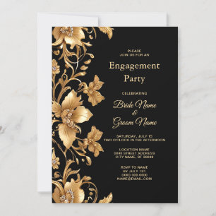 Gold Black Ornate Floral Engagement Invitation