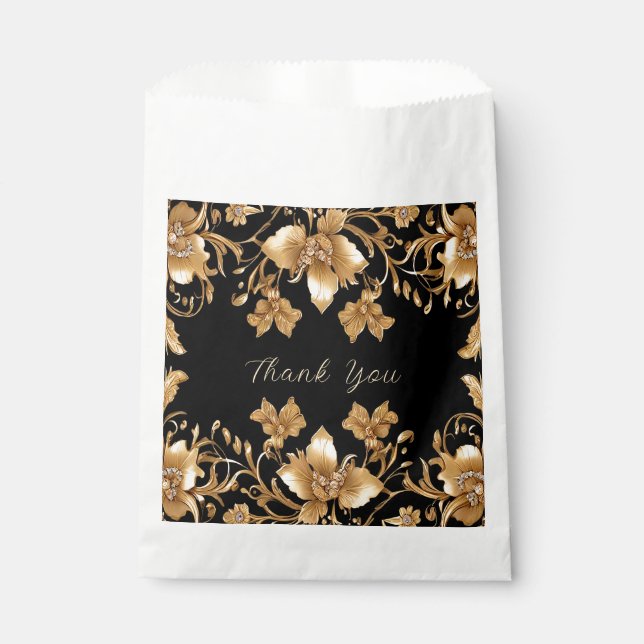 Gold Black Ornate Floral Favour Bag (Front)