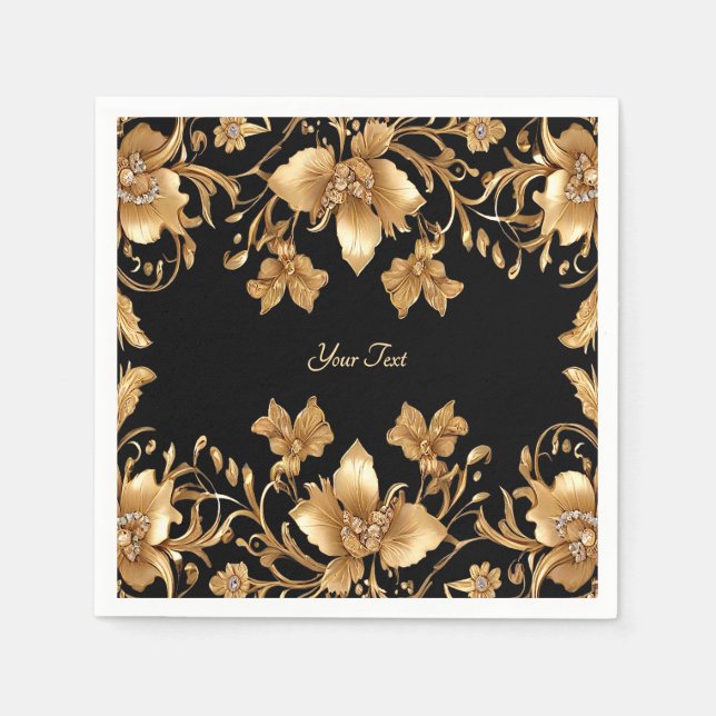 Gold Black Ornate Floral Napkins (Front)
