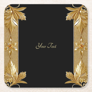 Gold Black Ornate Floral Paper Coaster